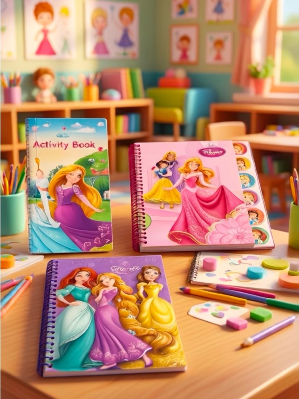 Disney Princess Spiral Activity Notebooks - Pink, Purple, Blue Covers